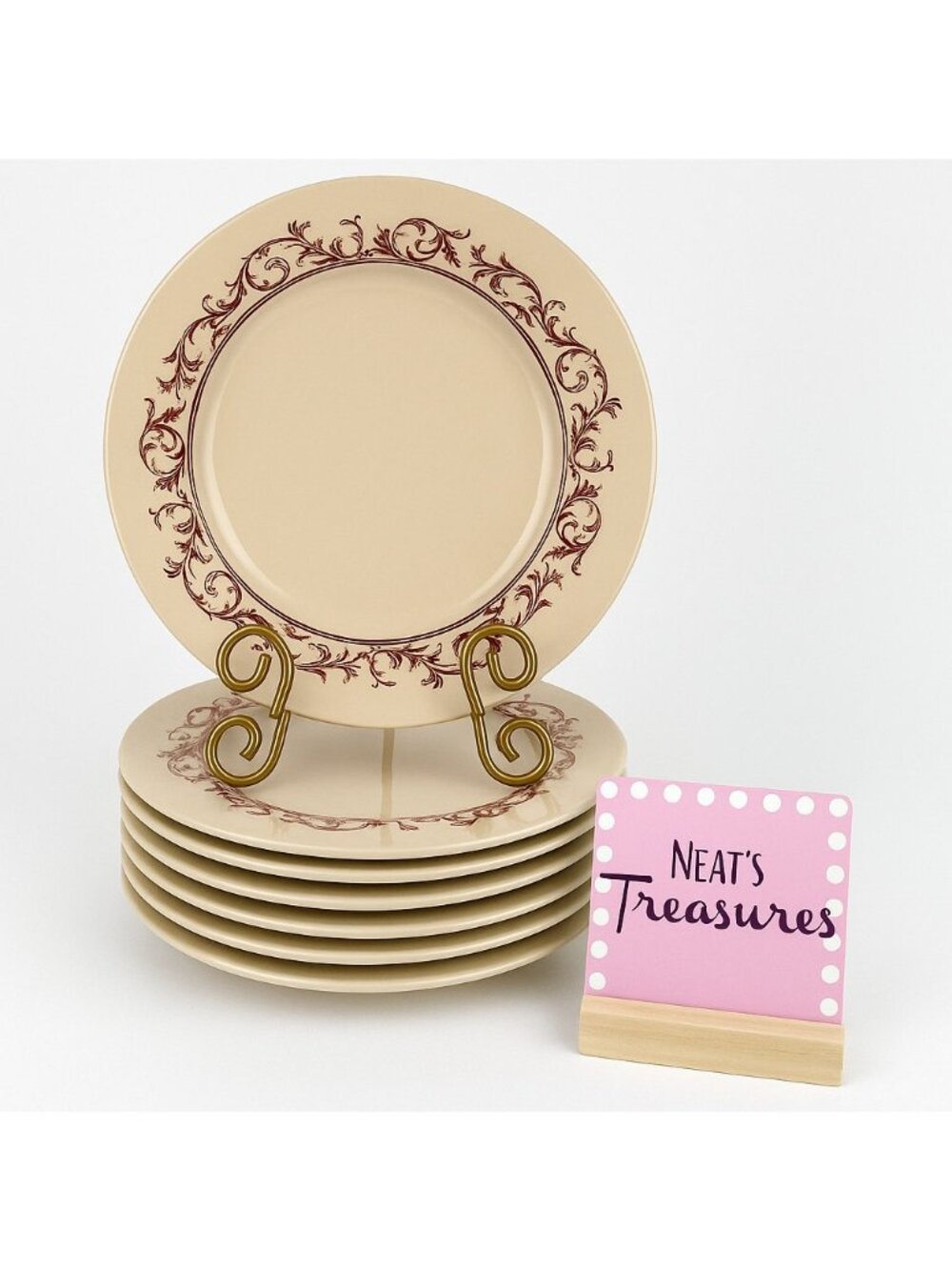 MCM  Mayer China CURTIS BROWN Tan Scrolls Floral Luncheon 9" Plates Set 7 USA